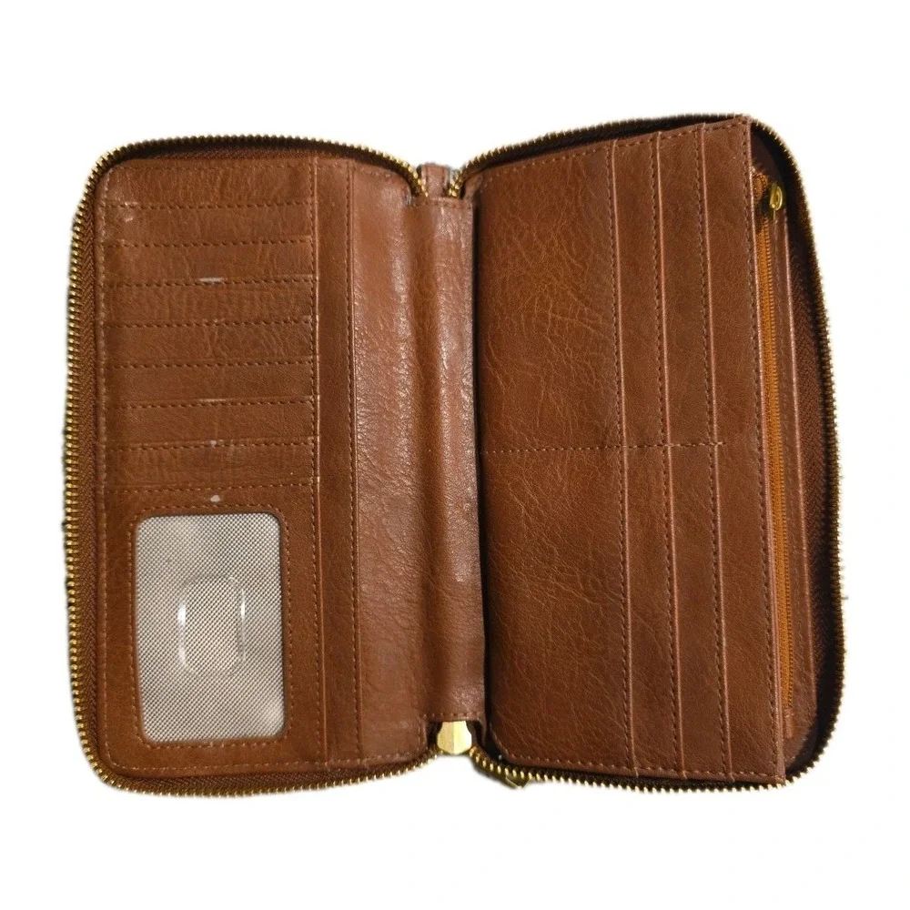 Fossil Liza Slim Bifold Clutch Wallet Brown Leather Purse with Brass Detail